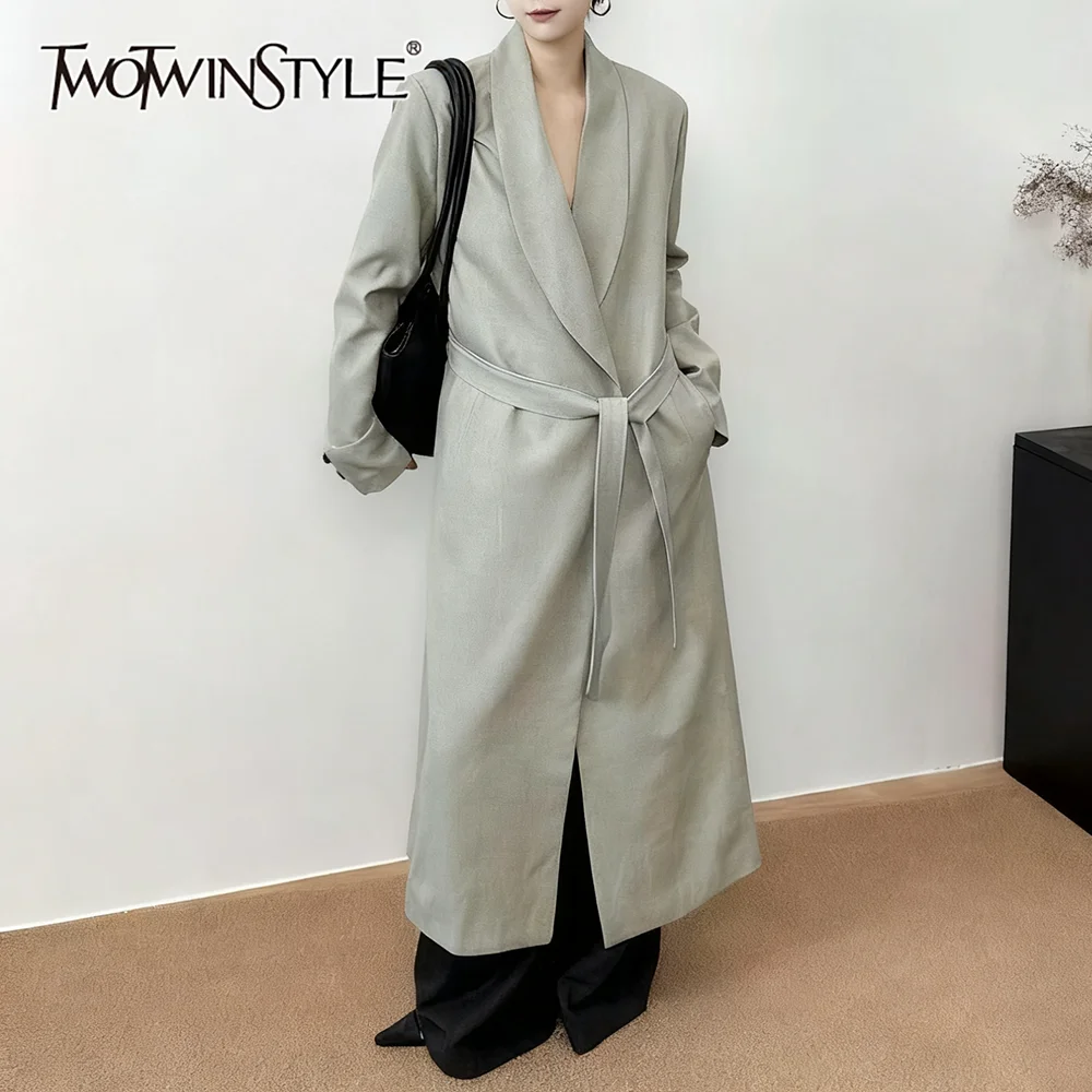 

TWOTWINSTYLE однотонный французский плащ на шнуровке, женский свободный минималистичный женский плащ с лацканами и длинными рукавами, осенняя мода, новинка