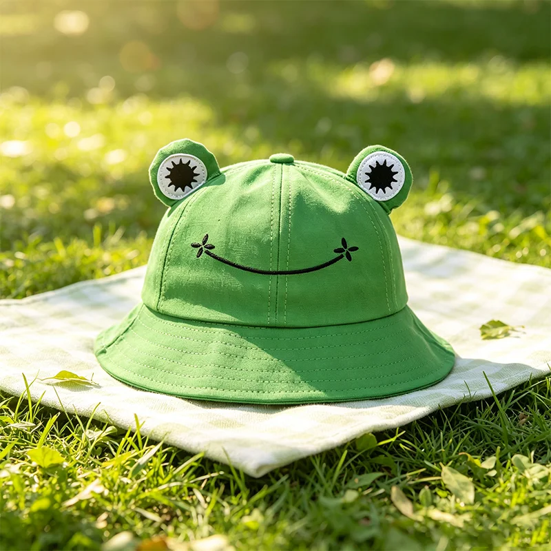 Cartoon 3D Frog  Bucket Hat Four Seasons Smile Embroidery Breathable Sun Hat Outdoor Beach Fisherman Cap Cotton Wild Panama Hats