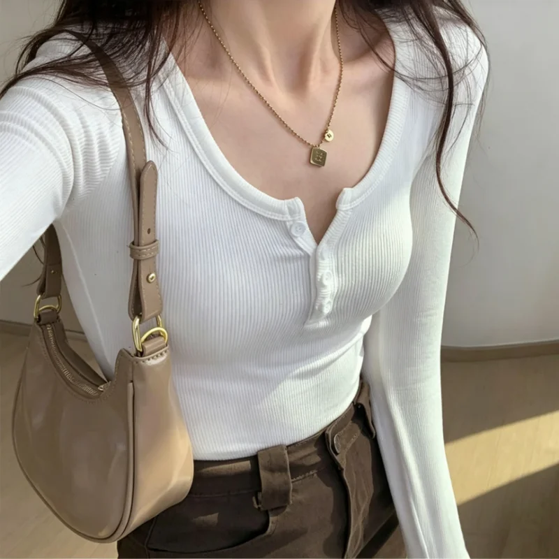 Korean Style Long Sleeve T-shirt Women's Elastic Button Shirt V Neck Slim Fit Casual Bottom Spring Autumn New Sexy Basic Top Tee