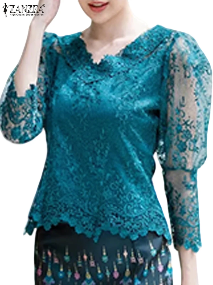 ZANZEA Lace Blouse Women Summer Tops Vintage Hollow Out Floral Blusas 3/4 Sleeve O Neck Tunics 2025 Casual Transparent Pullover