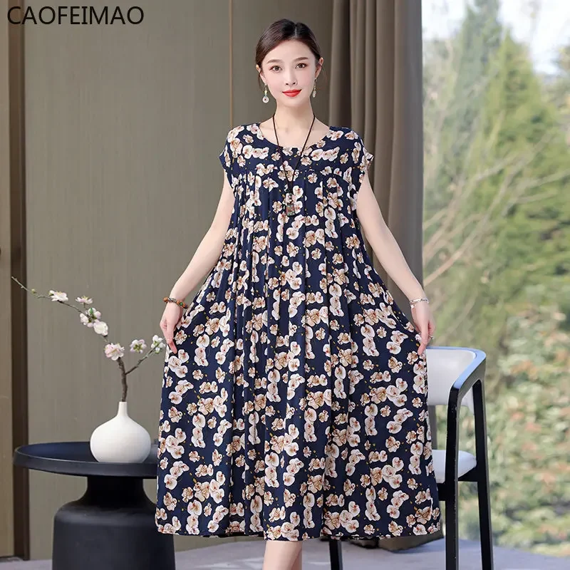 

Caofeimao New Hot Fashion Arrival Casual 2025 Summer Dress for Women Print Loose O-Neck Cotton Women Clothing Dresses Plus Size