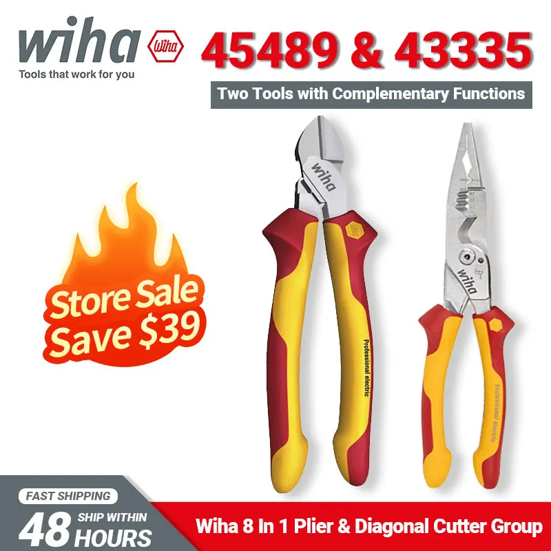 

Wiha Tool Set 45489 8-in-1 Multifunctional Electrician Plier and 43335 Diagonal Pliers 1000V VDE Insulated Diagonal Cutter