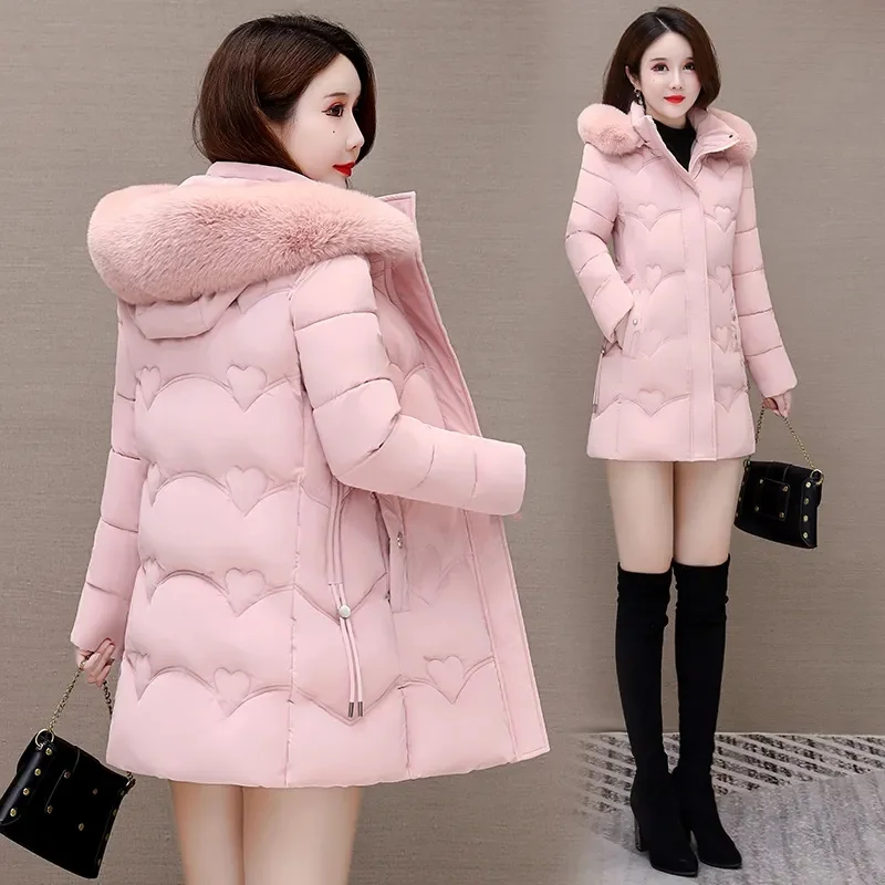 

2025 Women Winter Fur Collar Hooded Parka Fashion Zipper Pockets Design Long Jacket Elegant Slim Warm Thick Female Coats