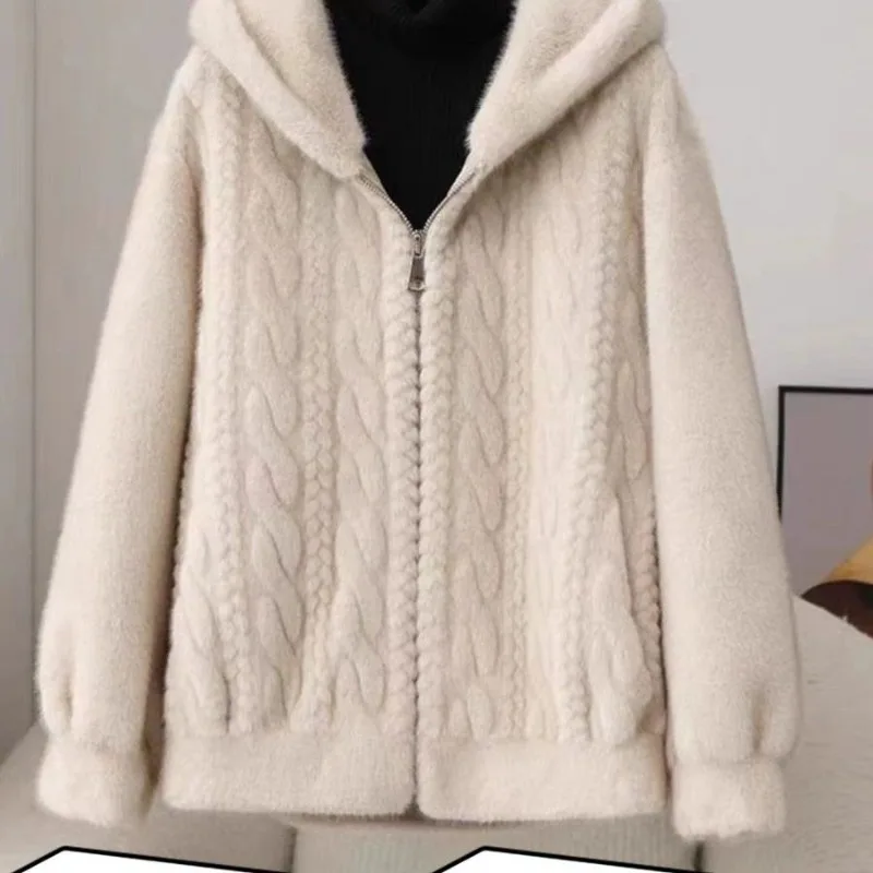 2026 New Mink Fleece Coat Hooded Short Mother Clothing integrated Thickened Fur winter Faux Fur Coat COFFEE Beige Winter OutCoat