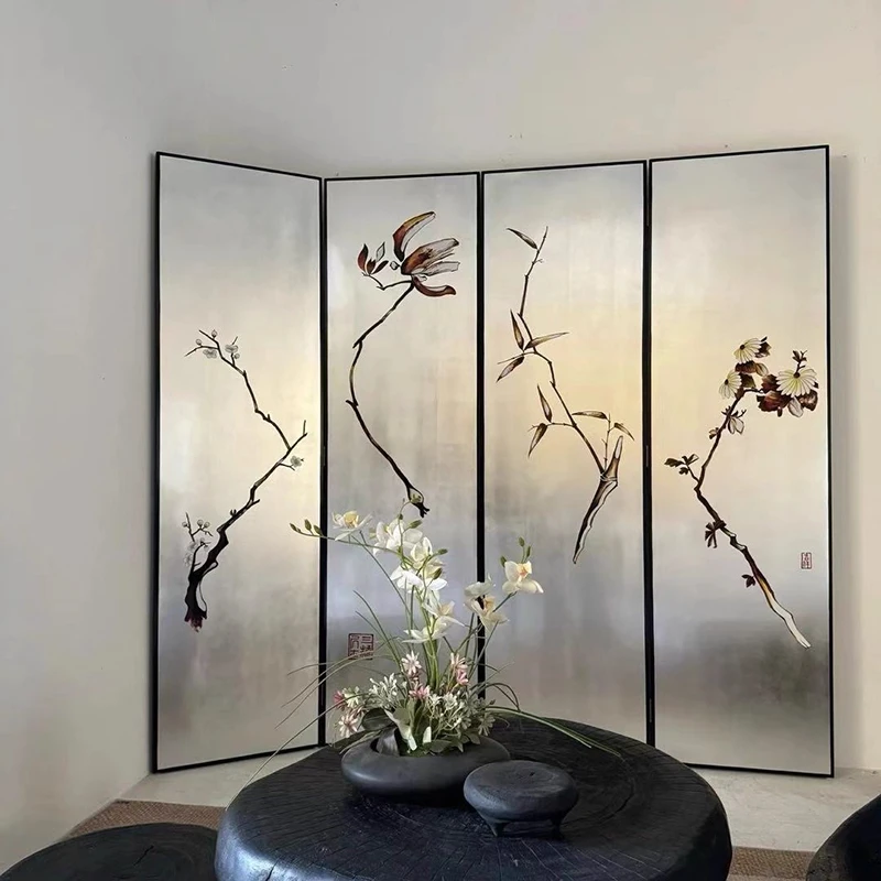 ！@Handmade Silver Leaf Byobu Japanese Room Divider Folding Screen Delicate Interior Wood Partition Printed Design Customizable