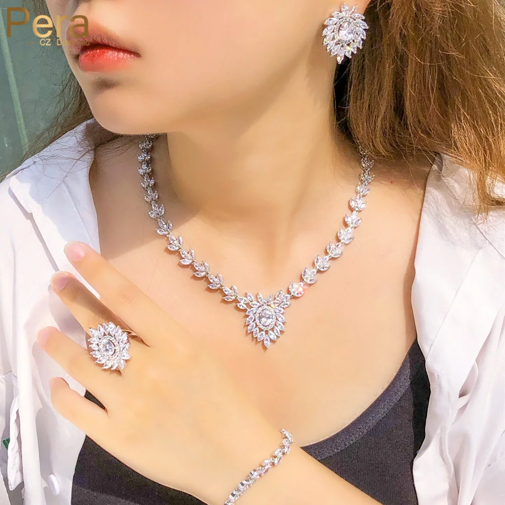 Pera Shiny White Cubic Zironia 4Pcs Leaf Flower Design Drop Necklace Earrings Sets for Brides Luxury Jewelry Wedding Party J556