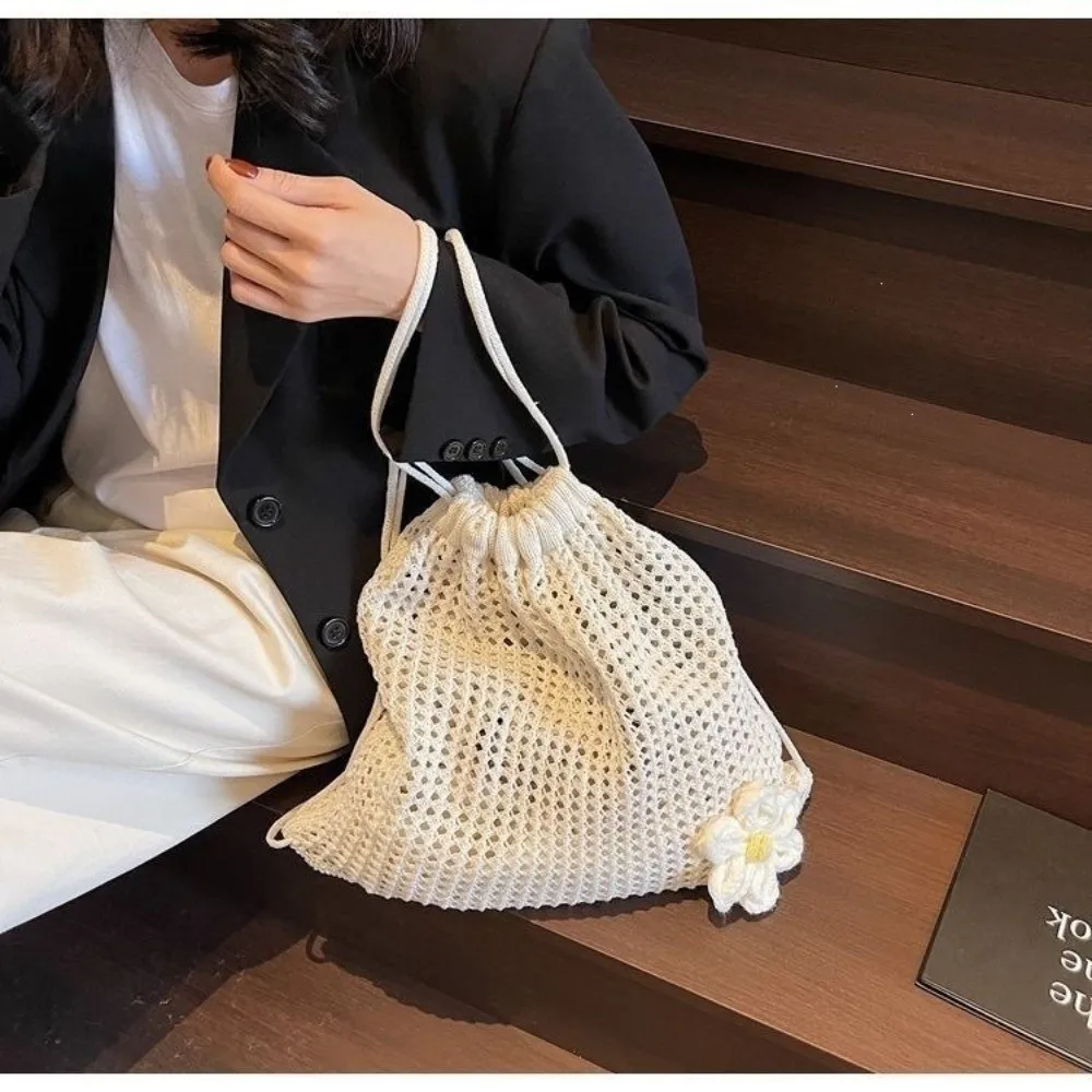Durable Large Capacity Crochet Backpack Hollow Out Solid Color Knitting Shoulder Bag Lightweight Beach Tote Bag Women