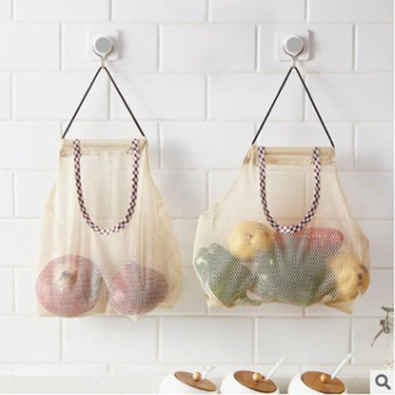 1pc Household Hanging Beige Onion and Garlic Storage Bag, Fruit Wall Mesh Bag, Kitchen Vegetable Storage Mesh Bag