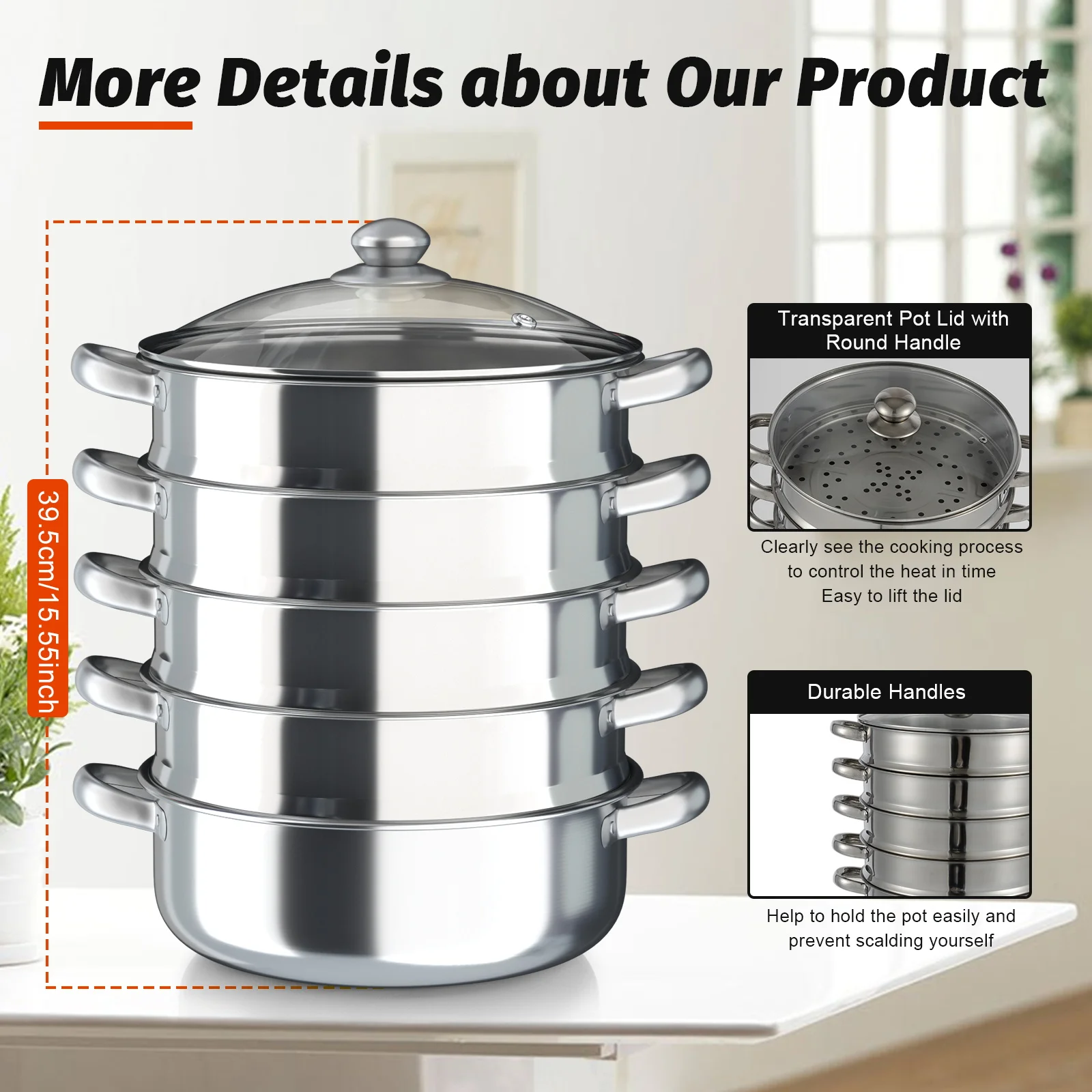 5 Tier  26/28/30/32cm Steame Cooker Steamer Pan Cook Food Veg Pot Stainless Steel Silver w/Glass Lid