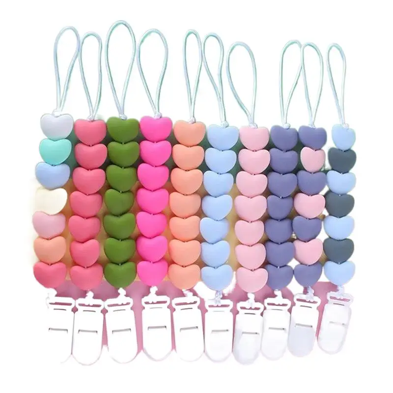 Food Grade Baby Pacifier Clip Chain Silicone Heart Beaded Teething Nipple Holder Chain For Care Chew Toy Shower Gifts