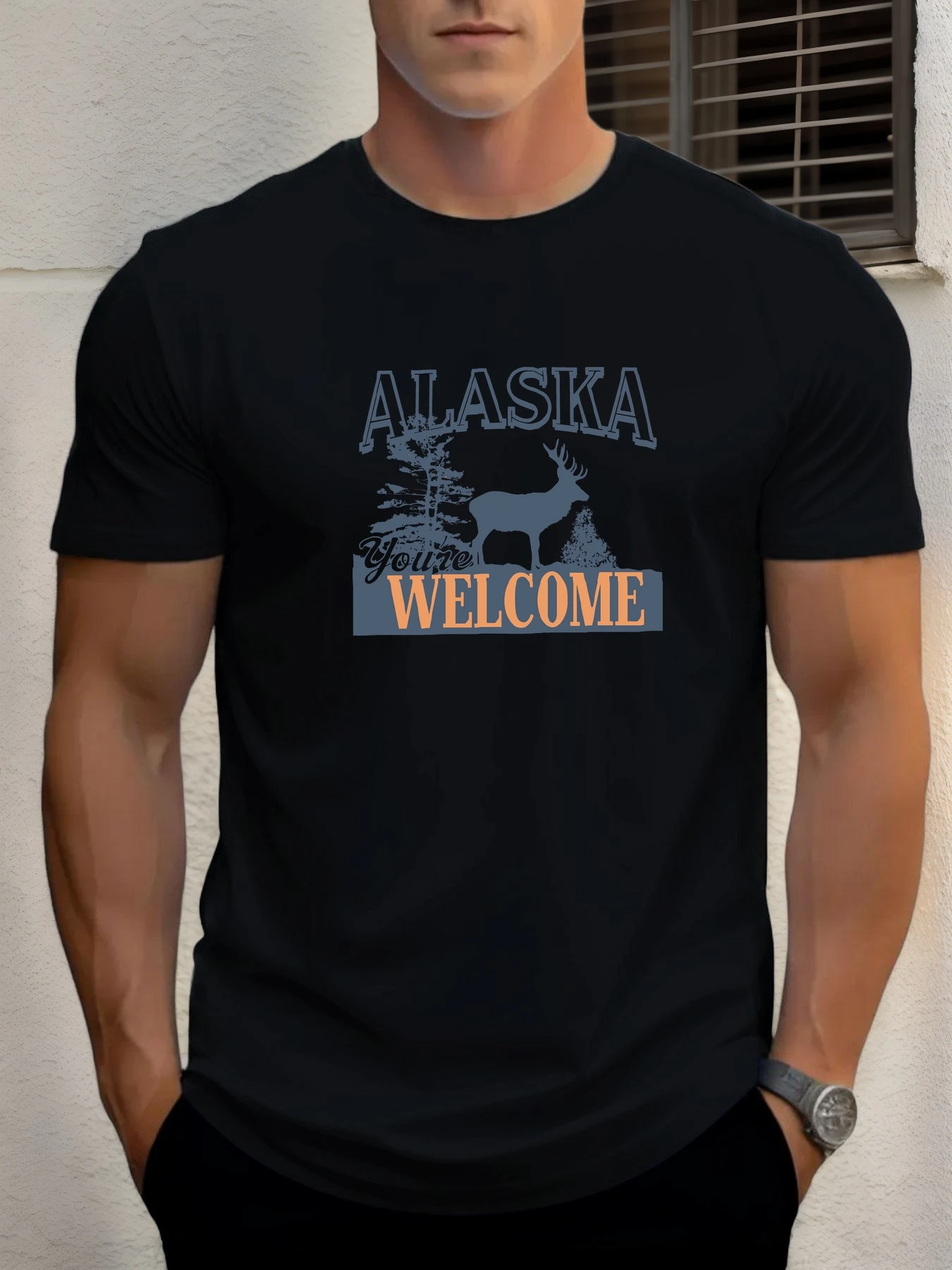 

Men's Cotton T-Shirt, Summer Crew Neck Short Sleeves, Alaska Welcome Printed Breathable Streetwear Fashion Cool T-Shirt