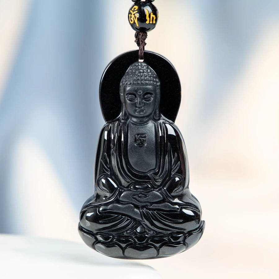 

TIMESWIND Natural A-type Jade Black Amitabha Buddha Three-D men Necklace with Certificate
