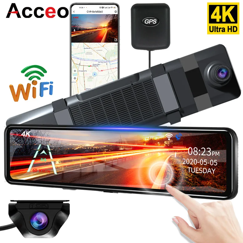 Acceo A45P 4K WIFI Car DVR Touch IPS Sony 415 Park RearView Mirror Support Rear View Camera Dashcam Car Camera Video Recorder