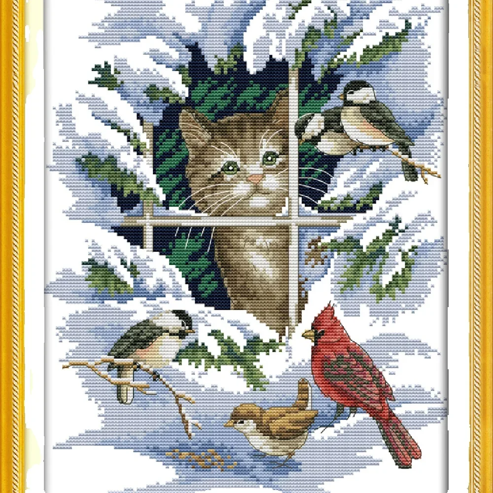 Joy Sunday Pre-printed Cross Stitch Kit  Easy Pattern Aida  Stamped Fabric Embroidery Set-Cat and Birds