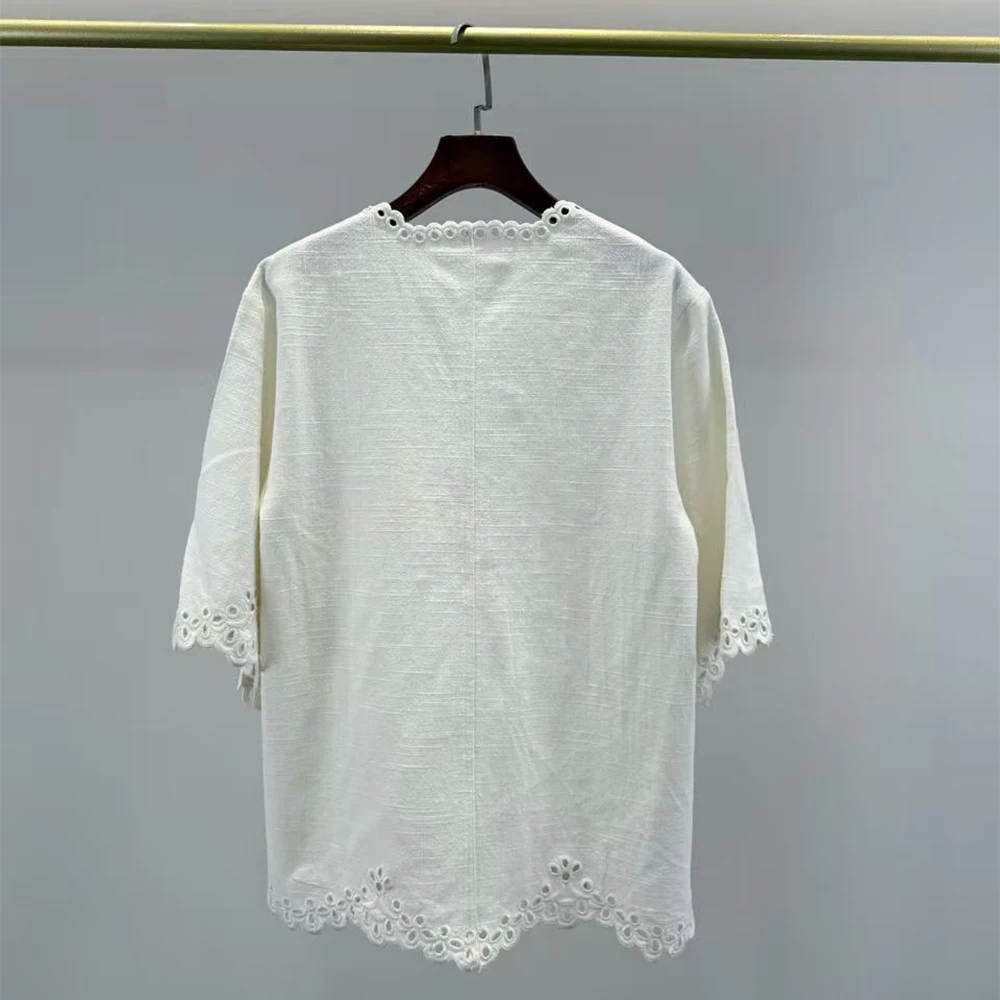 100% Ramie Women T-Shirt 2026 Summer V Neck Lace Trim Blouse Casual Loose Short Sleeve Hollow Out Embroidery Tops