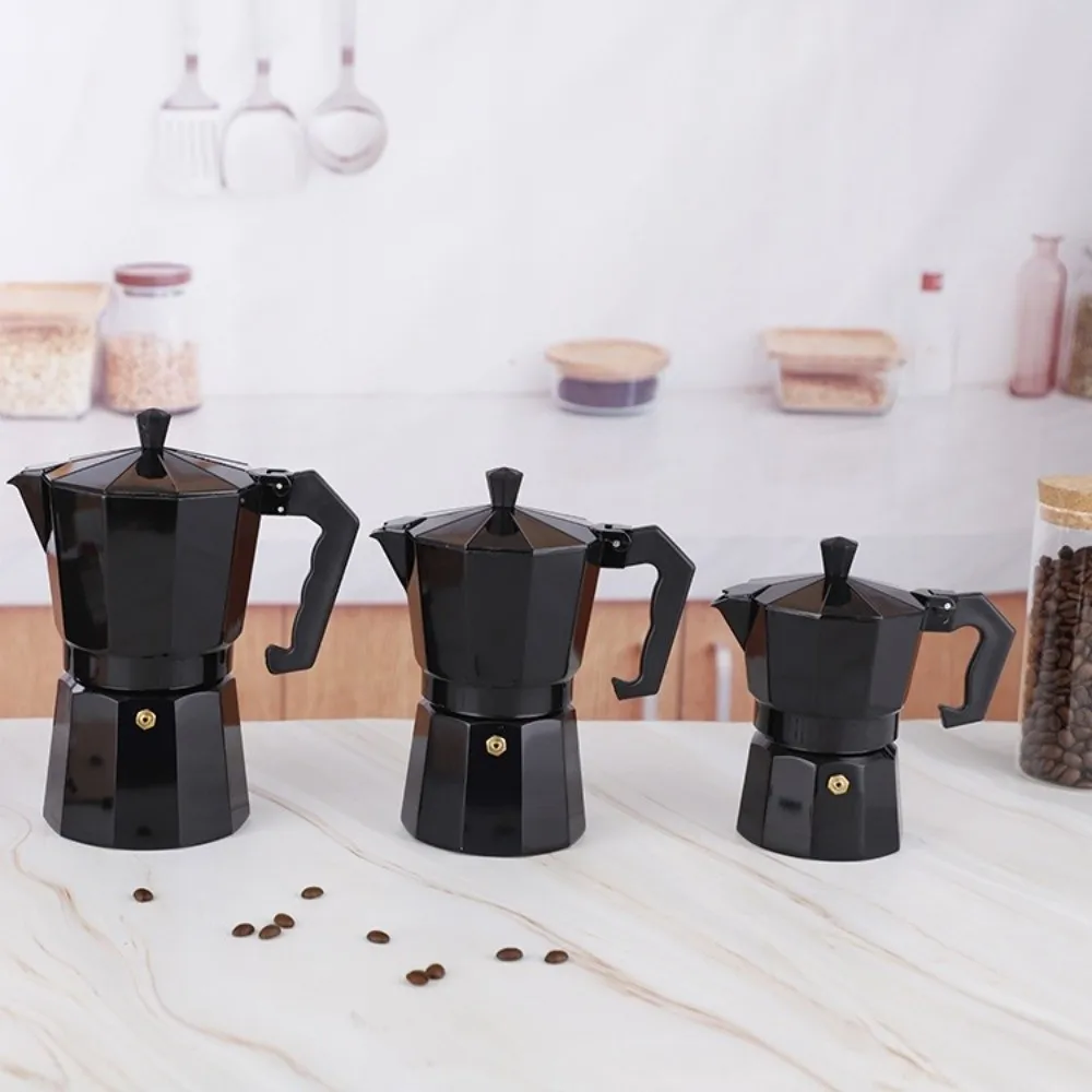 

Черная кофеварка Мока-горшок с ручкой, алюминиевая кофеварка для эспрессо, восьмиугольная 150 мл/300 мл, инструменты для заваривания кафе