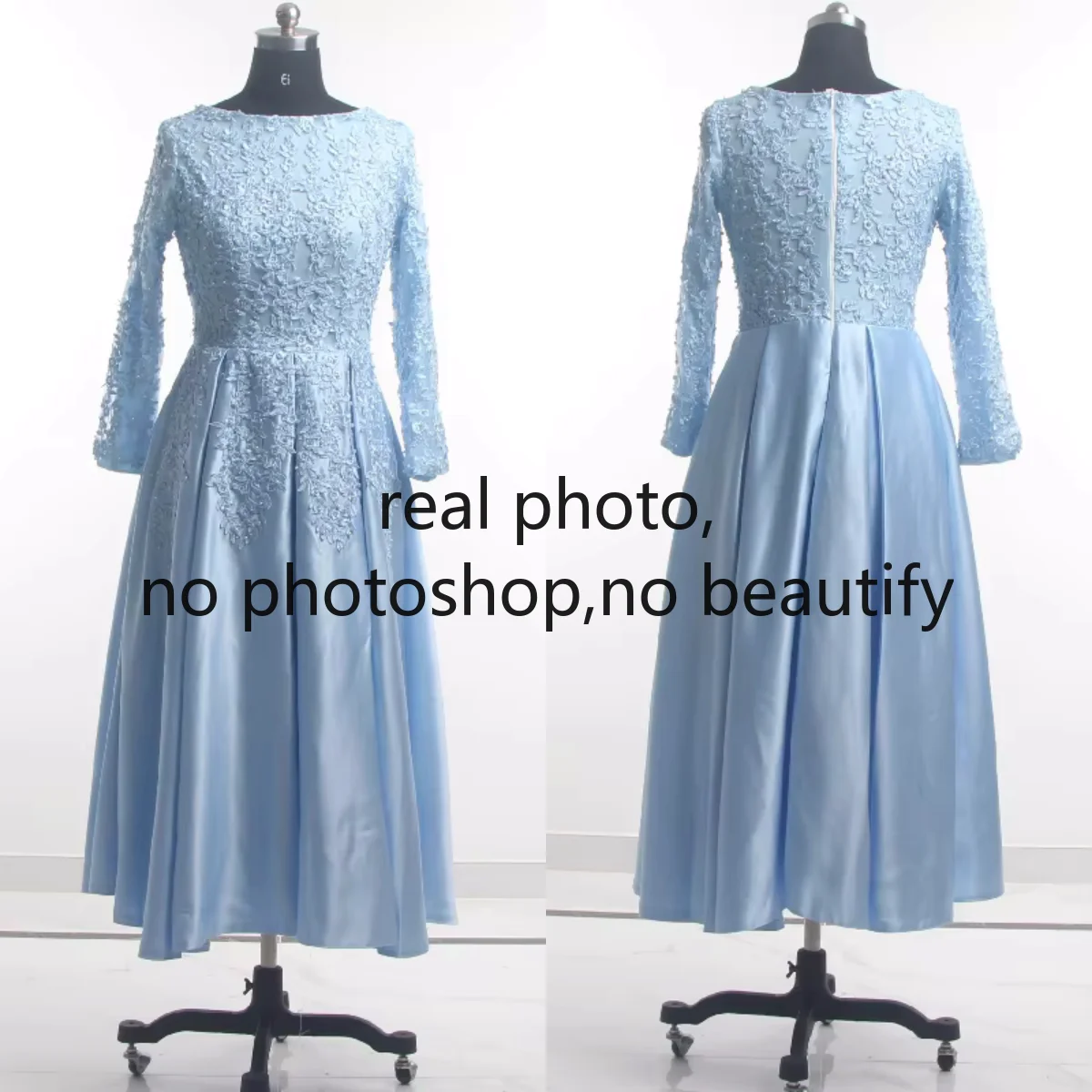 

Real Photo Modest Evening Dresses Sky Blue Beads O-neck Full Sleeves Tea-length A-line Plus size Women Party Formal Gowns M004