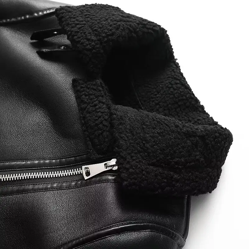 Giacca da donna in pelle e pelliccia, vestibilità ampia, con collo alto, patchwork, stile street, maniche lunghe, versatile, per autunno e inverno.