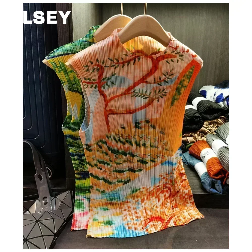 

ALSEY Miyake Original Design T-shirt Summer New Pleated Flower Print Tops Casual Fashion Appear Slim Loose Retro Womens Clothing