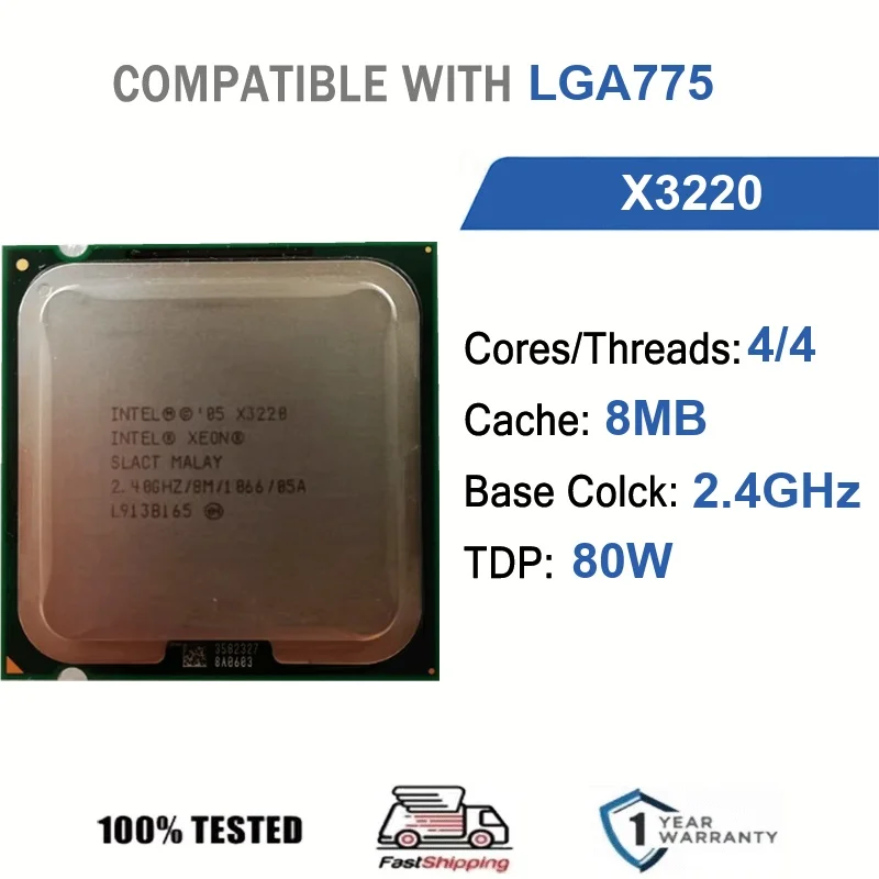 Intel Xeon X3220 4 Core 4 Thread 2.4GHz 80W 8MB Cache 65nm Kentsfield DDR2-667/800 MHz SL9RN LGA 775