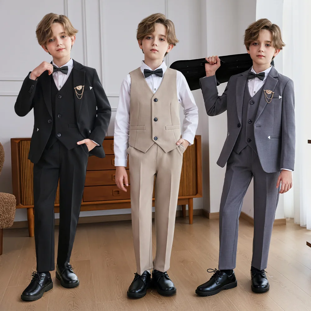 Children 5Pieces/Set Jacket Vest Pant Brooch Bowtie Clothing Set Kids Black Blazer Suit Boys Formal Wedding Birthday Party Dress