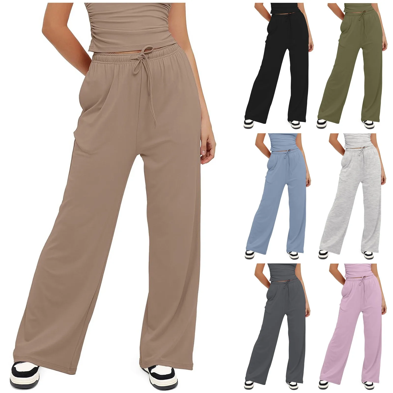 Womens Smocked Pants Fashion Drawstring High Waist Slant Pocket Straight Trousers Summer Comfortable Lightweight Thin Pants