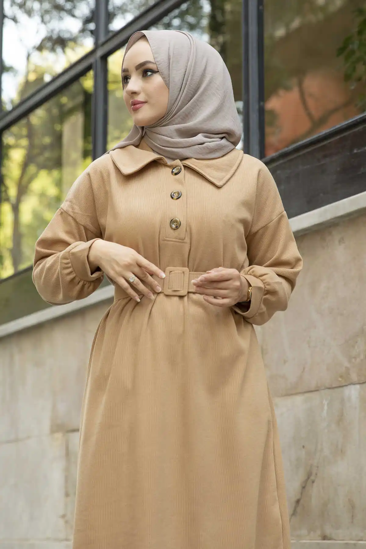 Collar Button Detail Dress MD Camel Winter Autumn 2021 Muslim Women Hijab headscarf Islamic Turkey