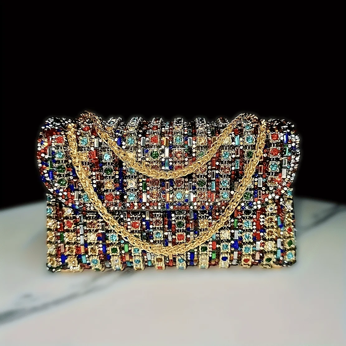 

Luxurious water-crystal and bead women's evening handbag - elegant multi-color PU handbag with adjustable shoulder strap