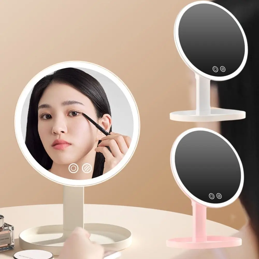 Removable Makeup Mirror with LED Light Rotatable Stepless Dimming Adjustable Desktop Mirror with Storage Base Touch Control