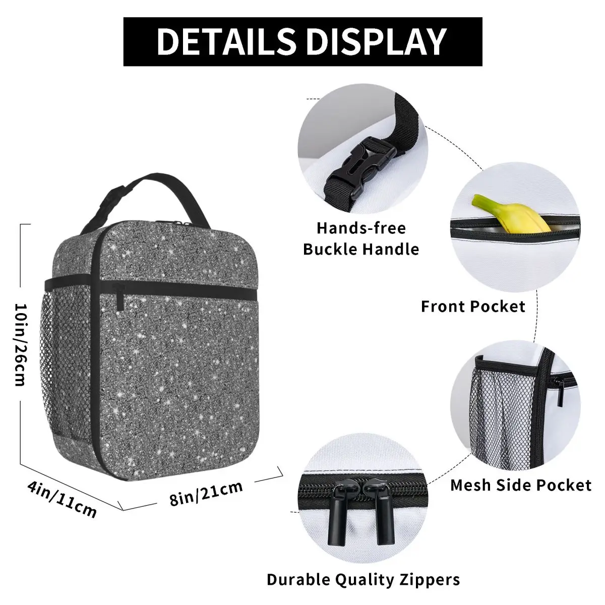 Black Glitter! Insulated Lunch Bag for Women Office Cooler Thermal Food Box Tote Leakproof Lunch Boxes Container