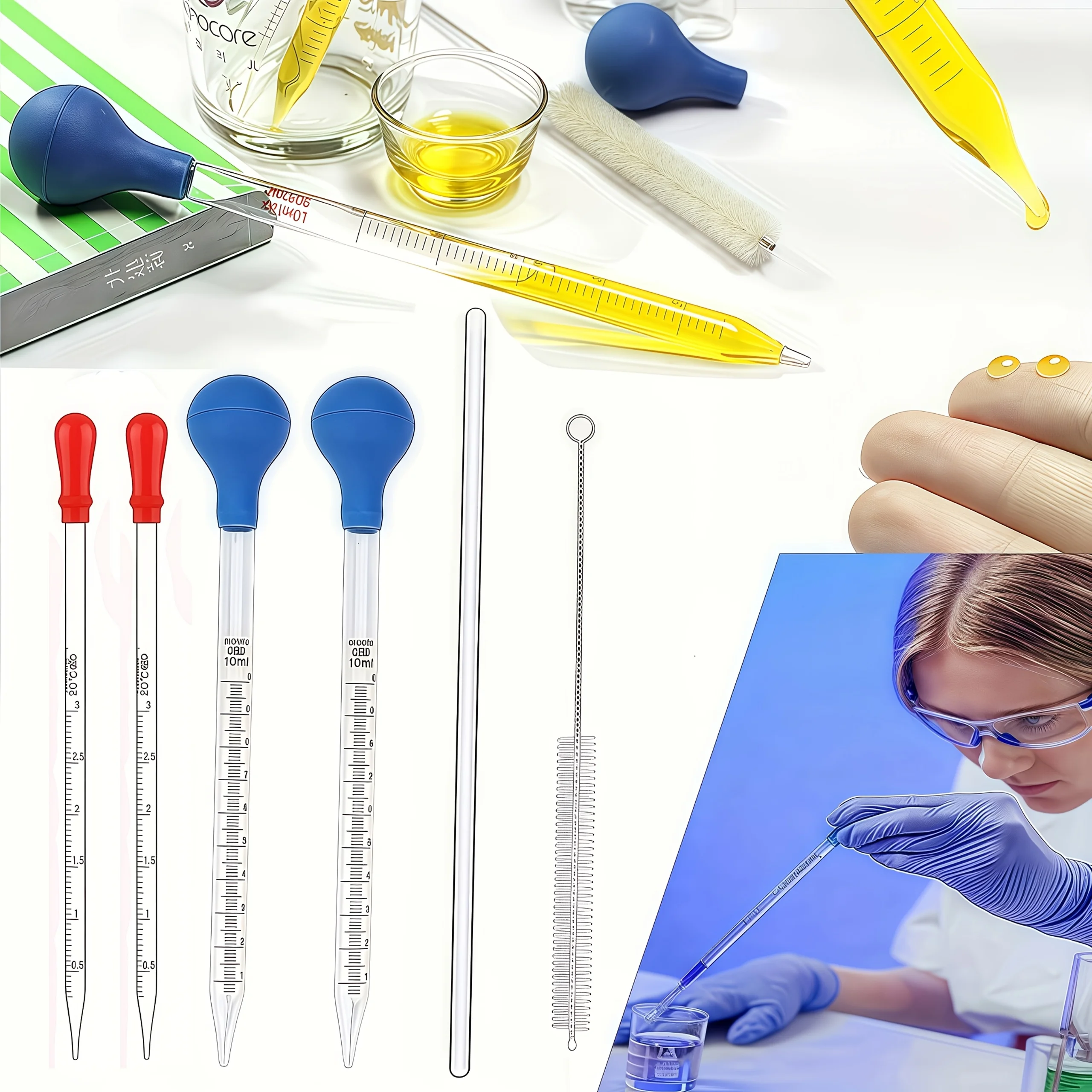 ماصة زجاجية، قطارة زجاجية 3 مل/10 مل مع قضيب تحريك زجاجي، فرشاة تنظيف 2 قطعة/4 قطعة