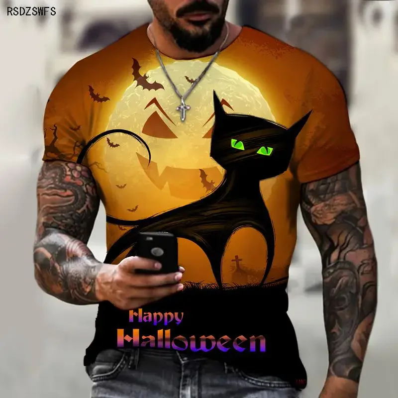 

Halloween Monster Cat Graphic 3D Printed T Shirt For Men Funny Bat Short Sleeve Tee Oversize Casual Pullover Street Harajuku Top