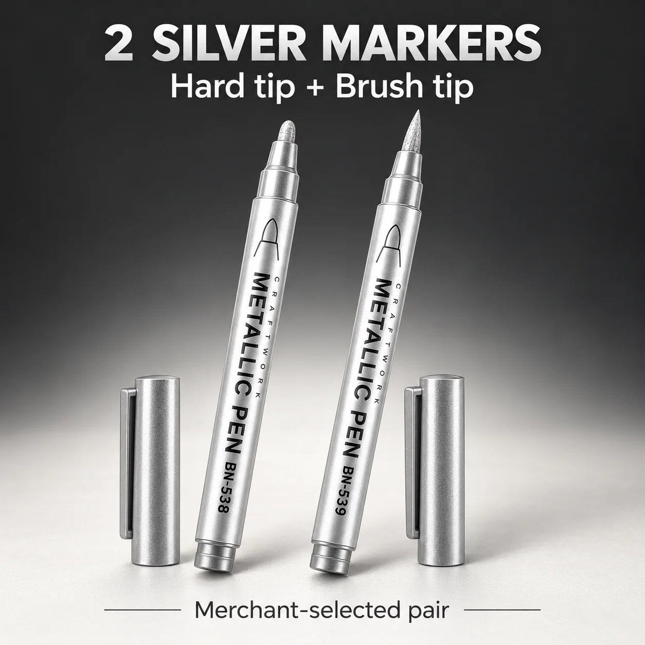 2 Silver Metallic Markers, Store Selected BN538 Hard and BN539 Brush Pair
