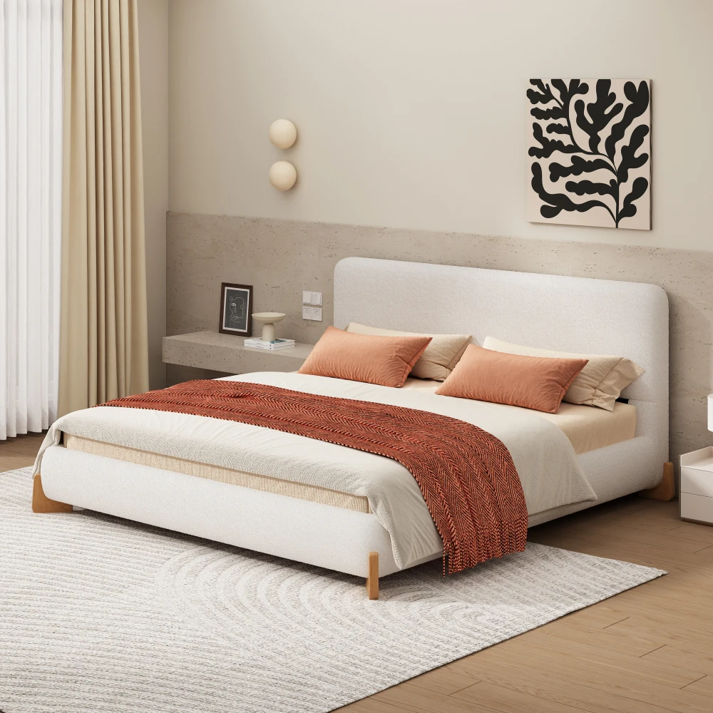 

Elegant Boucle Upholstered Bed, A Luxurious and Comfortable Bedroom Centerpiece, Queen Size, White