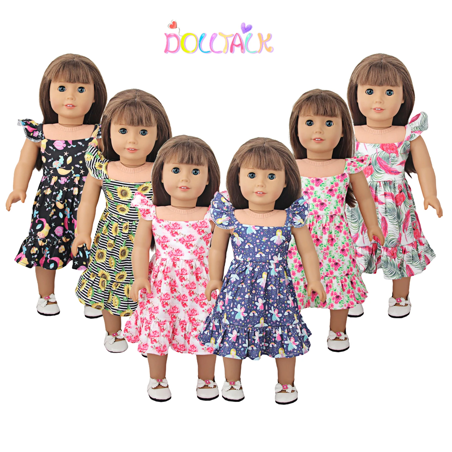 Newly Designed Doll Skirt Flamingos,Sunflowers,Flowers Flying Sleeve Dress For 18 Inch American&43cm Baby New Born Girl Doll Toy