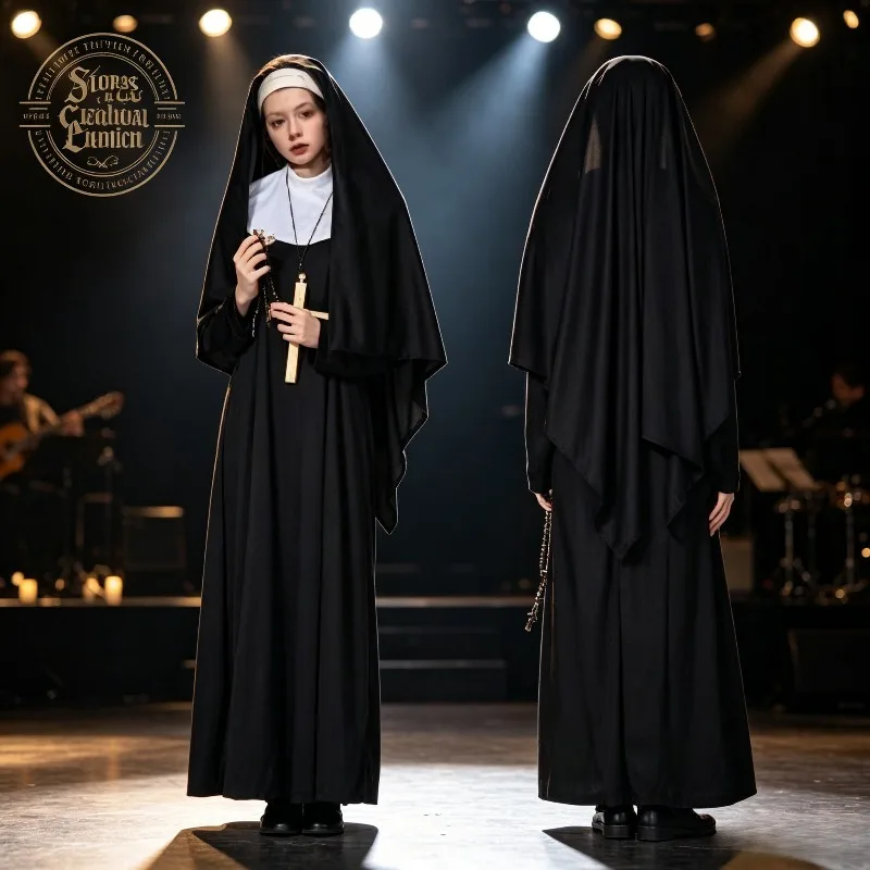 Nun Costume Black Long Dress Halloween Party Carnival, Role-playing Stage Performance Costume view 5