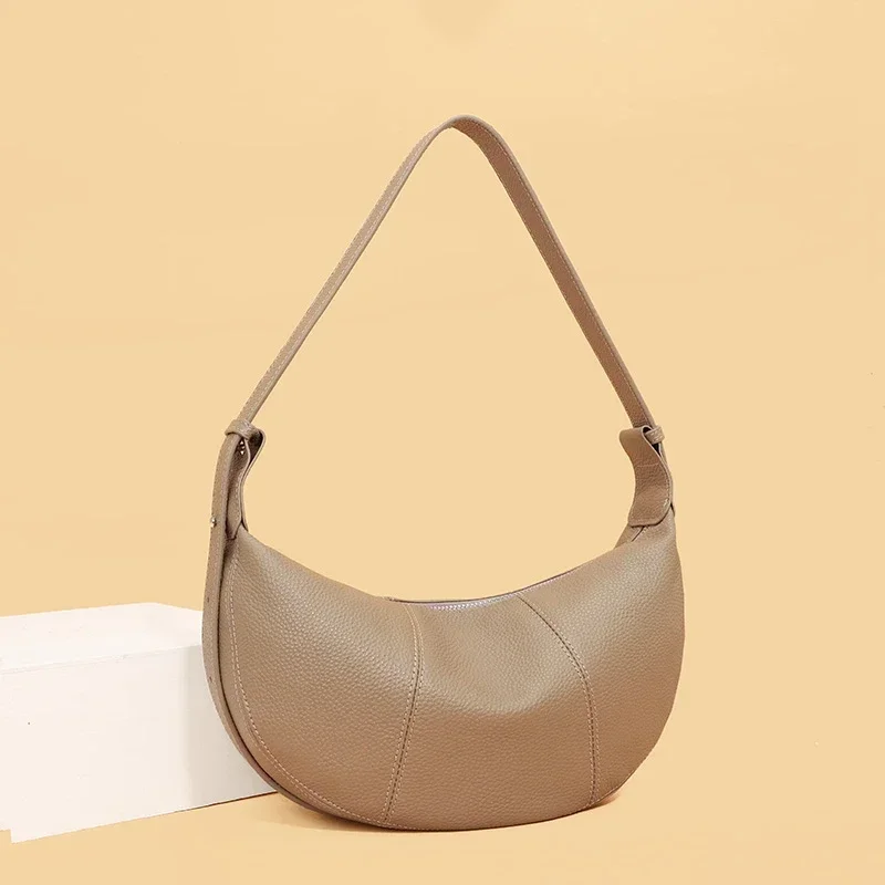 100% Echtes Leder Schultertasche für Damen Große Kapazität Halbmond-Form Designer Kuhledertasche für Pendler Shopper-Tasche – Detail 5