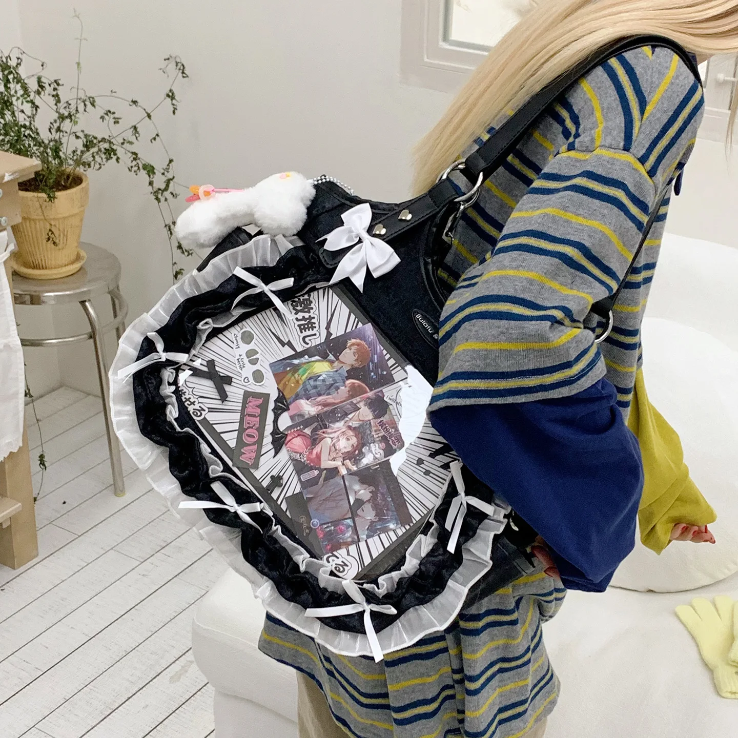 Ita Bag for Women Anime Transparent Pocket Itabag Large Capacity PU Leather Shoulder Tote Bag Black Kawaii School Gift