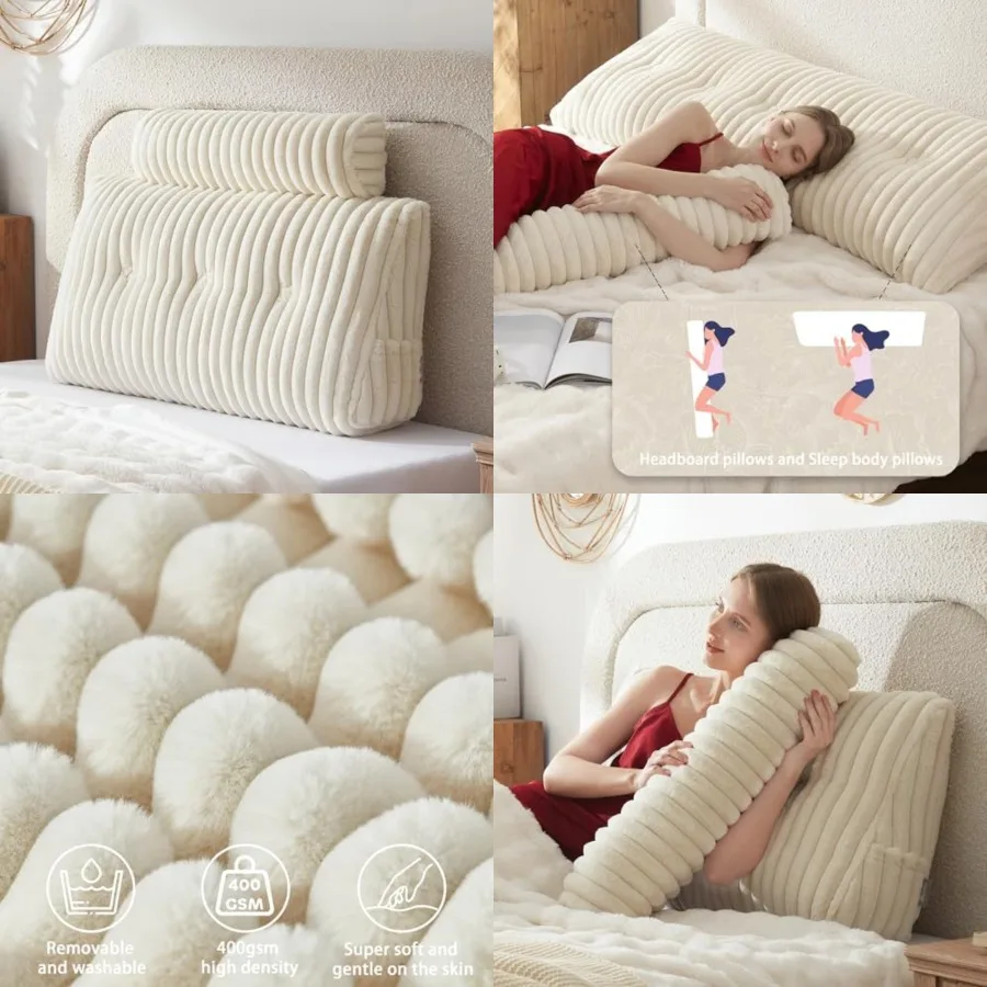 

Headboard Pillow + A Long Neck Roll Pillow Body Pillow Faux Fur Headboard Wedge Pillow with Removable Cover,es