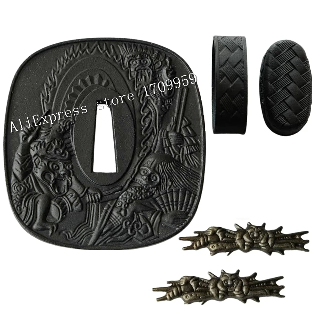 

A Set Japanese Samurai Sword Iron Guard Fittings For Katana/Wakizashi/Tanto Accessory Tsuba+Fuchi+Kashira+Menukl