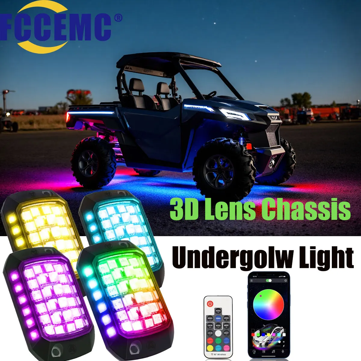 

RGB LED Rock Ambient Lamp Remote App Control Scan Flow 3D Lens Car Chassis Light for Polaris Yamaha Can-Am UTV ATV Off Road Jeep