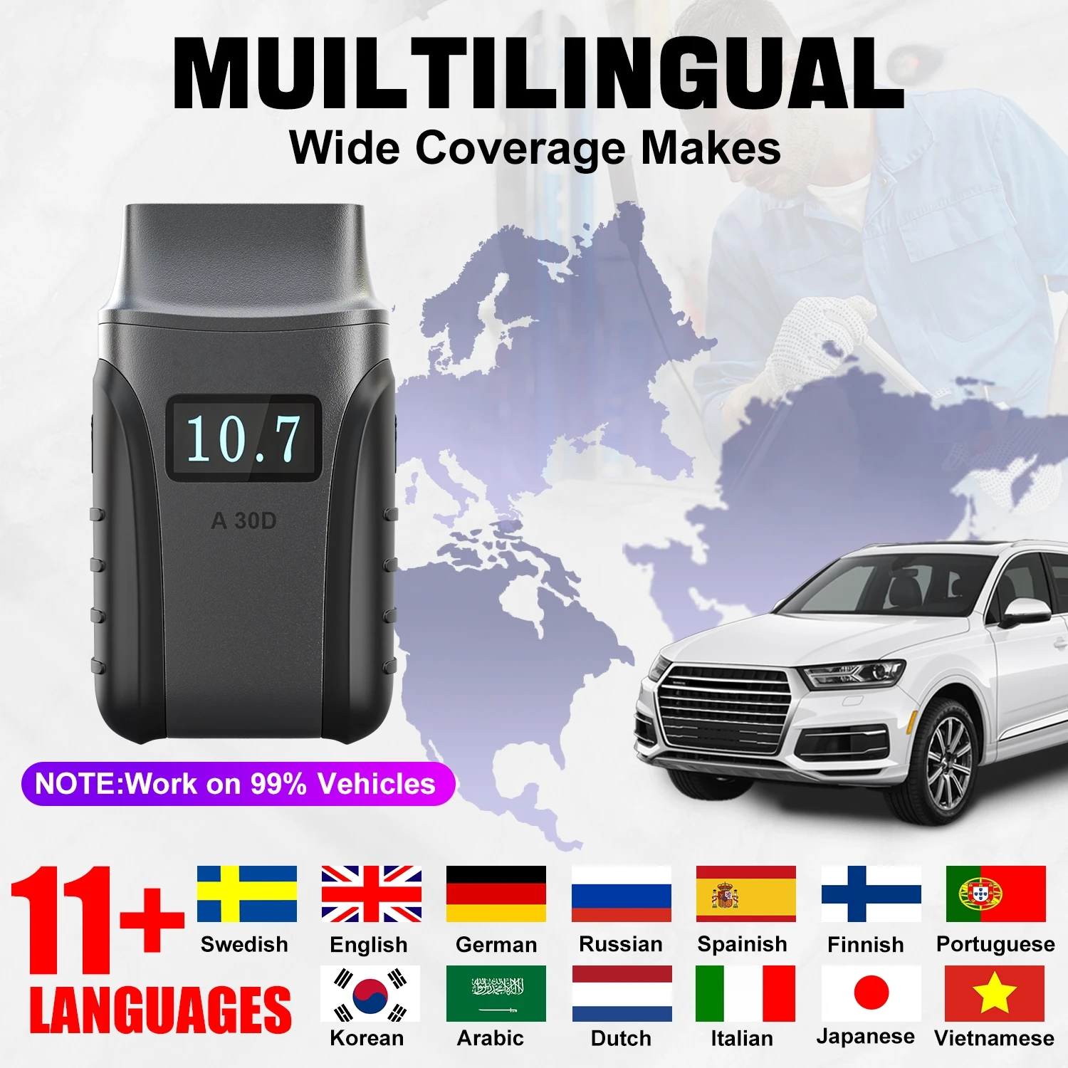 For A30D 5-IN-1 Automotive Diagnostic Code Reader Tool with Full OBD2 Functions Universal Fitment 1 Year Warranty