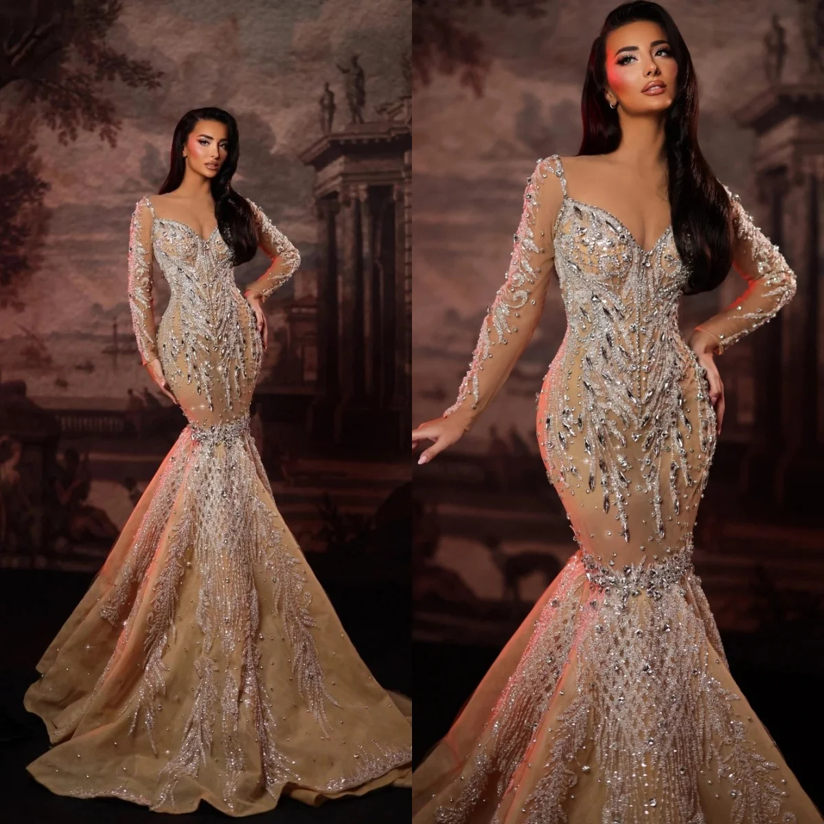 

Luxury Mermaid Wedding Dress Sweetheart Neck Long Sleeves Bridal Gowns Sequins Crystal Sweep Train Dresses Customized