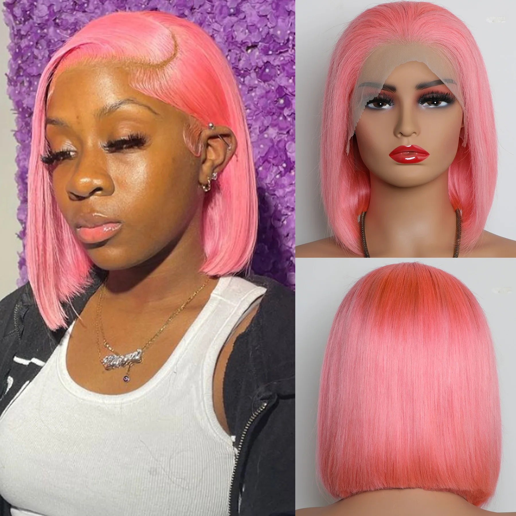 Pink Bob Wig Human Hair 13x4 Transparent Lace Front Human Hair Wigs Pre Plucked Brazilian Remy Human Hair Short Straight Bob Wig