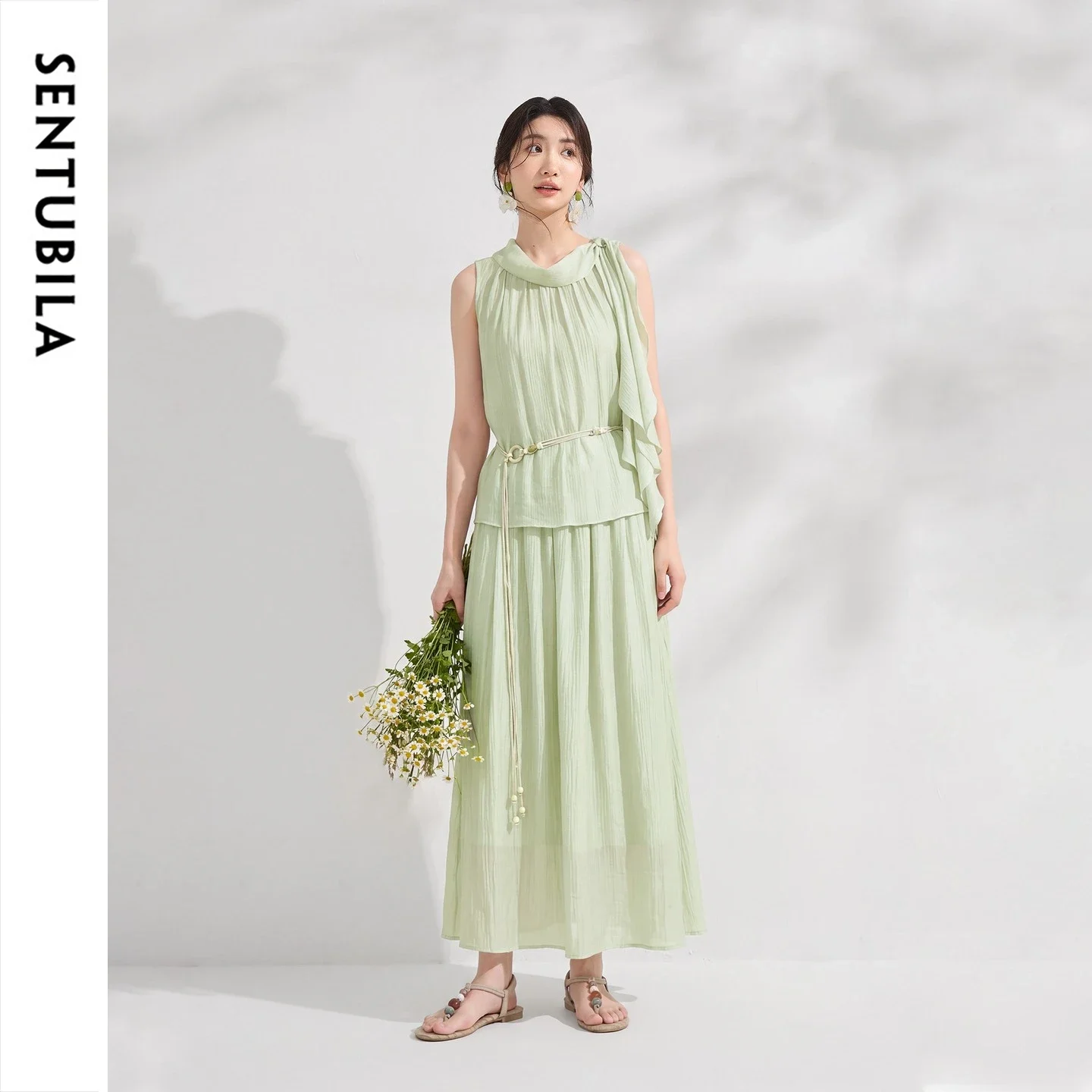 SENTUBILA Summer 2 Piece Women's Skirt Set 2026 Elegant Outfits Ruffled Sash Blouse A-line Midi Skirt Female Clothing W62ZK7537