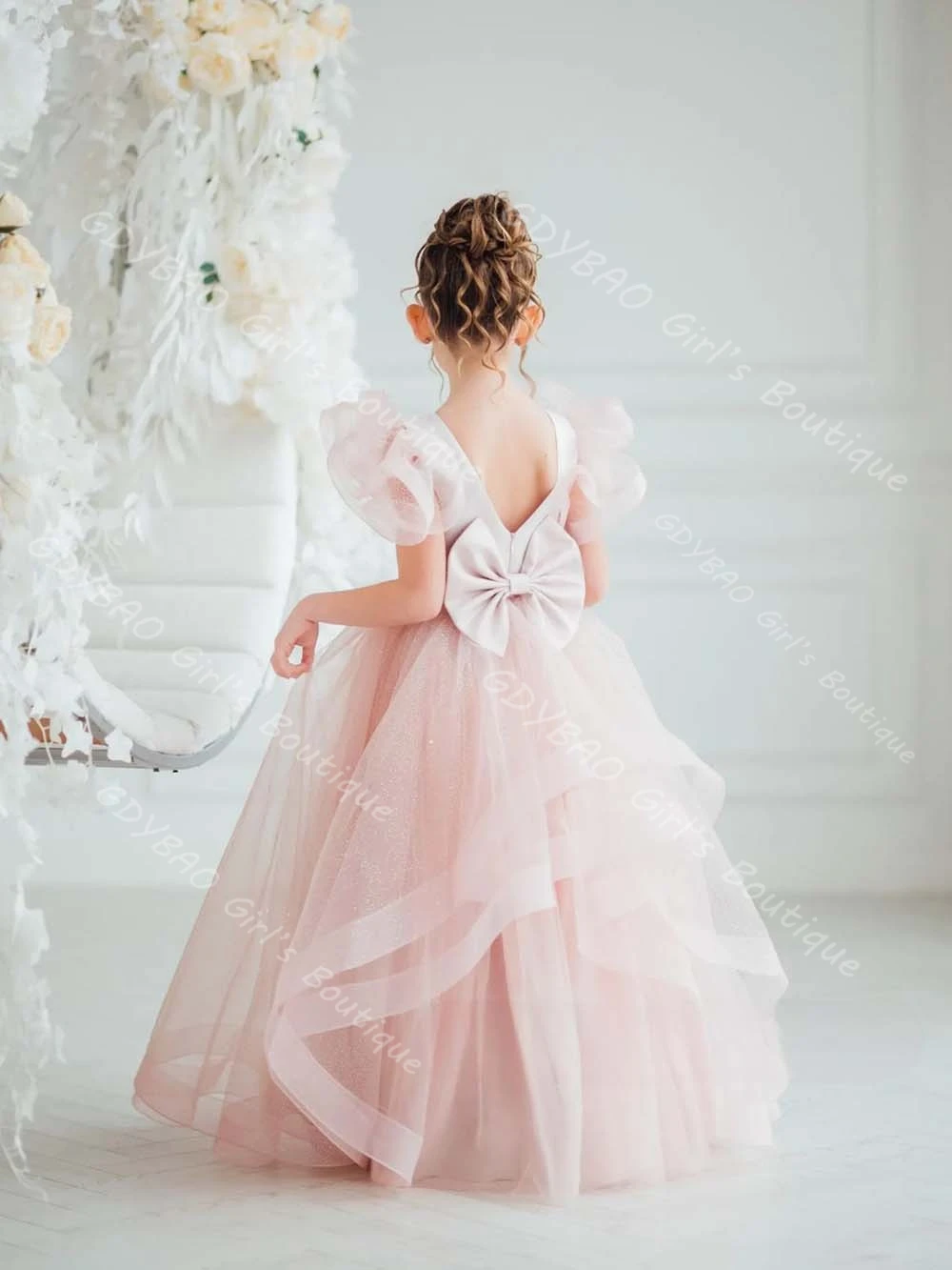 A-line/Princess Party Dress for Girls Backless Ruffled Tulle Flower Girl Dress for Wedding Customized Kids Birthday Pageant Gown