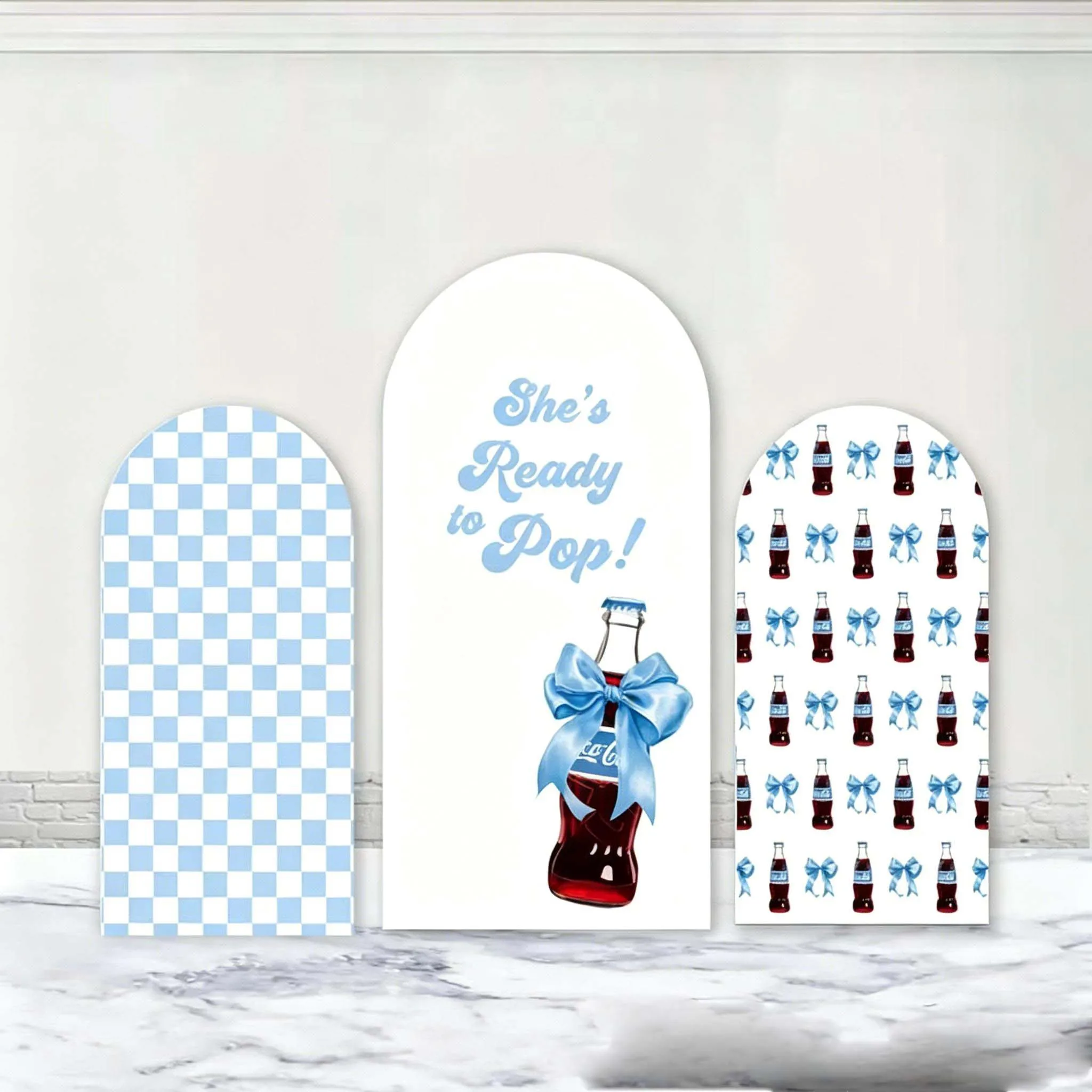 Custom 2-Side Coca-Cola Bow Arch Backdrop Covers She's Ready to Pop Baby Shower DIY Name Decor Background Photo