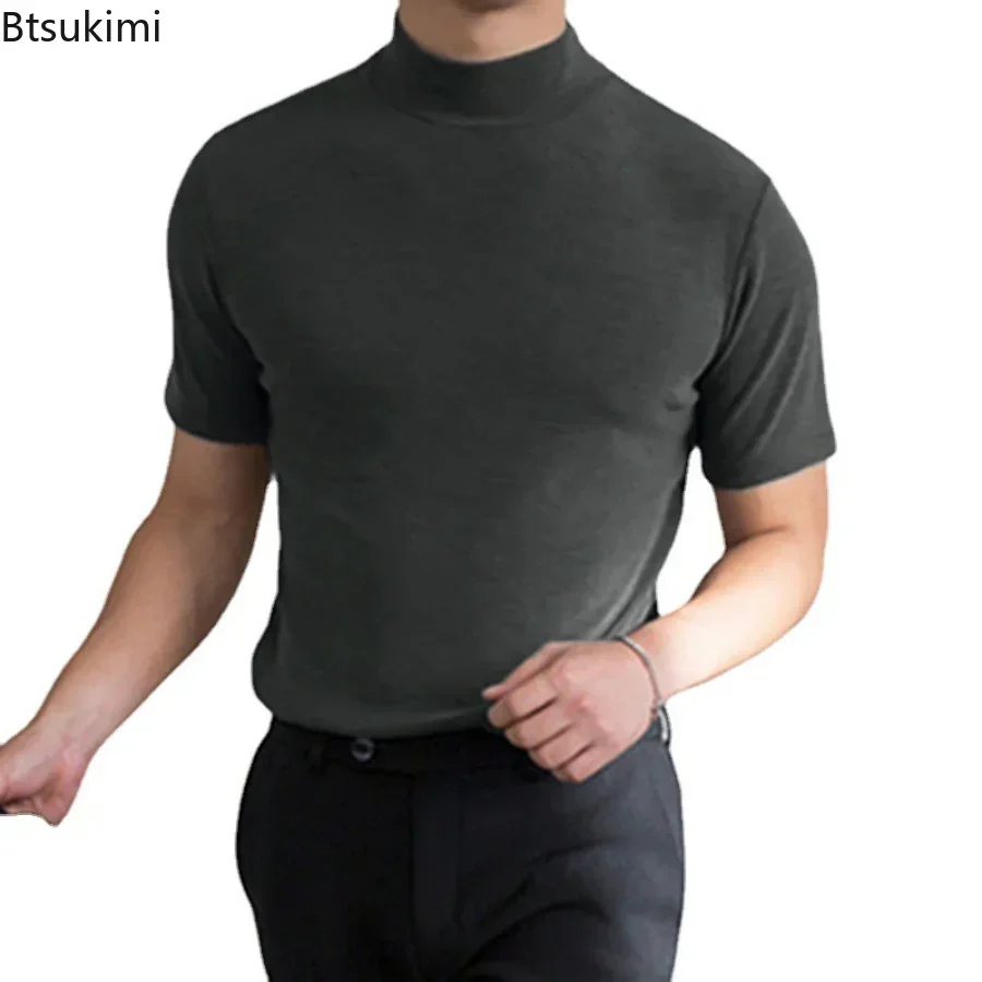 2024 Men\'s Summer Casual Tight T-shirt Solid Fashion Streetwear High-neck Short Sleeved Bottoming Shirt Male Oversized T Shirt