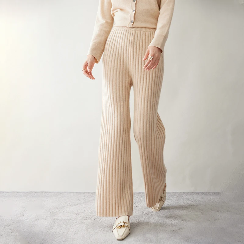 New Autumn and Winter Women Pants 100% Cashmere Soft Comfortable High-Waist Knit Trousers Female Loose Thicken Wide Leg Pants