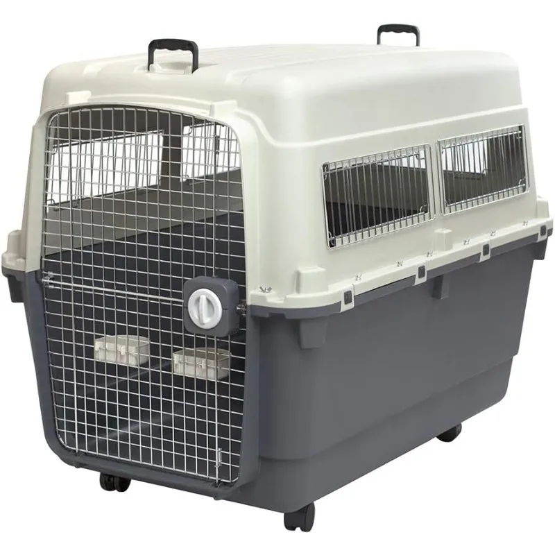 SportPet Designs Plastic Kennels Rolling Plastic Airline Approved Wire Door Travel Dog Crate, XXX-Large, Gray